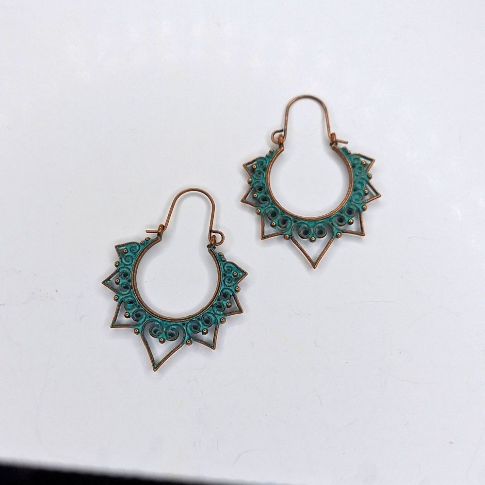 Bronze filigree earrings swirl pointy drop earrings